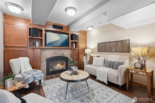 living room featuring wood finished floors and a premium fireplace