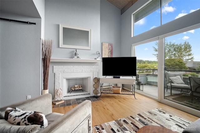 7806 Birch Bay Dr Unit 808, Blaine, WA 98230 - living room featuring hardwood / wood-style floors, high vaulted ceiling, and a fireplace