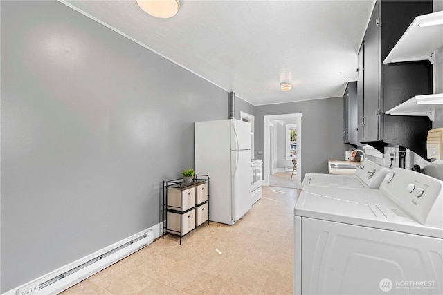 314 E Okanogan Ave, Chelan, WA 98816 - laundry area featuring a baseboard heating unit, washer and dryer, and light flooring