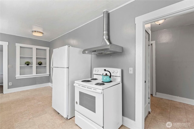 314 E Okanogan Ave, Chelan, WA 98816 - kitchen featuring white appliances, baseboards, light tile patterned floors, and built in shelves