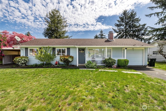 8803 Terrace Rd SW, Tacoma, WA 98498 - ranch-style house with a chimney, driveway, a front yard, and an attached garage