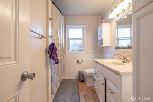 8803 Terrace Rd SW, Tacoma, WA 98498 - full bath featuring wainscoting, wood finished floors, vanity, and toilet