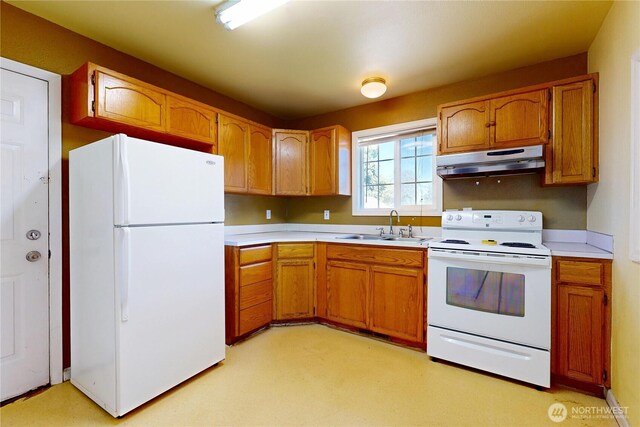 kitchen with white appliances, under cabinet range hood, a sink, light countertops, and brown cabinetry