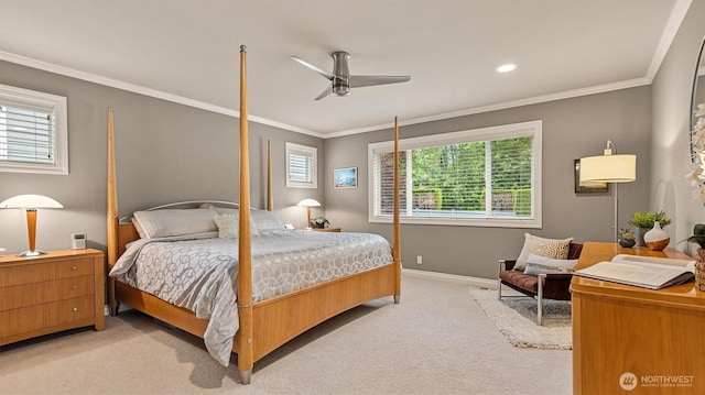 25413 NE 3rd Pl, Sammamish, WA 98074 - carpeted bedroom with ornamental molding, baseboards, a ceiling fan, and recessed lighting