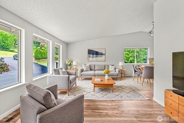 1027 Fishpond Rd, Kelso, WA 98626 - living area featuring a textured ceiling, baseboards, wood finished floors, and vaulted ceiling