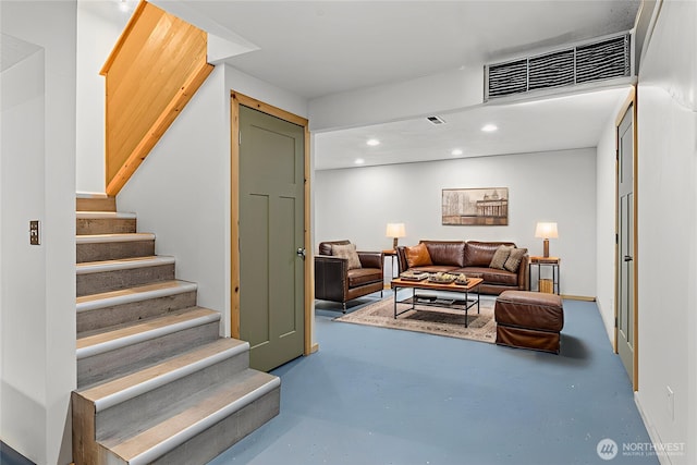1027 Fishpond Rd, Kelso, WA 98626 - living area with stairs, concrete floors, and recessed lighting