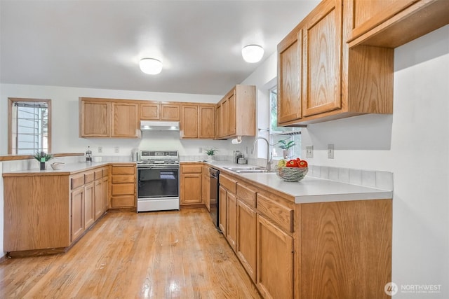 1742 N 122nd St, Seattle, WA 98133 - kitchen with range with gas stovetop, a sink, under cabinet range hood, a peninsula, and dishwasher