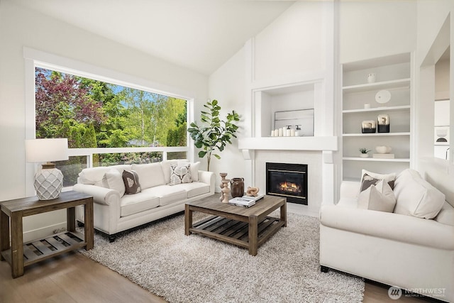 24858 NE 1st Pl, Sammamish, WA 98074 - living area featuring wood finished floors, a large fireplace, and high vaulted ceiling
