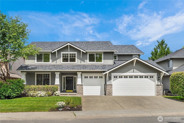 24858 NE 1st Pl, Sammamish, WA 98074 - craftsman-style home with concrete driveway, a front yard, a shingled roof, and stone siding