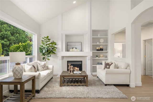 24858 NE 1st Pl, Sammamish, WA 98074 - living area featuring light wood finished floors, high vaulted ceiling, a fireplace, arched walkways, and baseboards