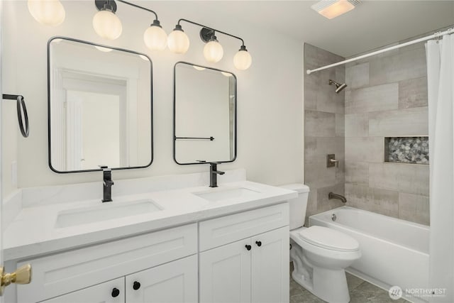 24858 NE 1st Pl, Sammamish, WA 98074 - full bathroom with double vanity, toilet, shower / bath combination with curtain, and tile patterned flooring