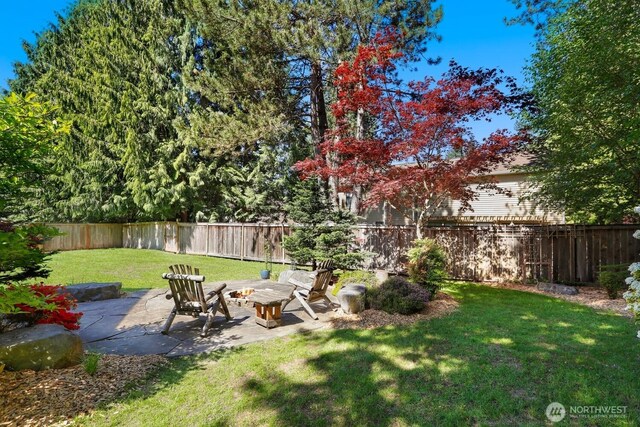 view of yard featuring a patio area and a fire pit