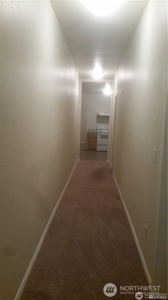 corridor with baseboards and carpet floors