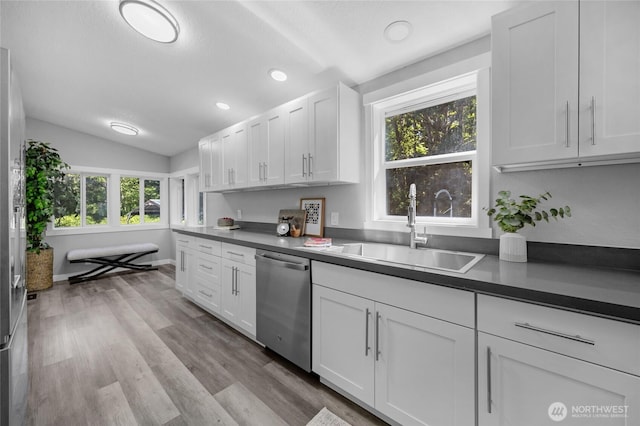 kitchen featuring plenty of natural light, a sink, stainless steel dishwasher, and white cabinets