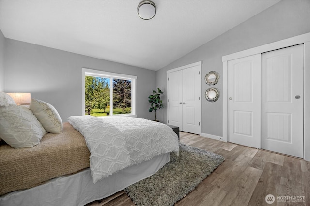 bedroom featuring lofted ceiling, baseboards, two closets, and wood finished floors