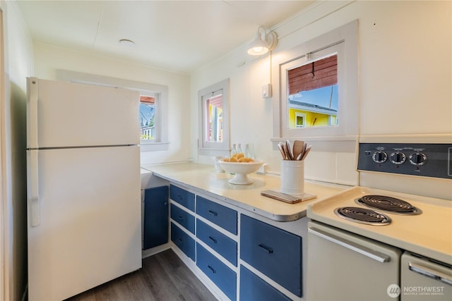 2035 Fairview Ave E Unit D, Seattle, WA 98102 - kitchen with white appliances, light countertops, dark wood-style flooring, and blue cabinets