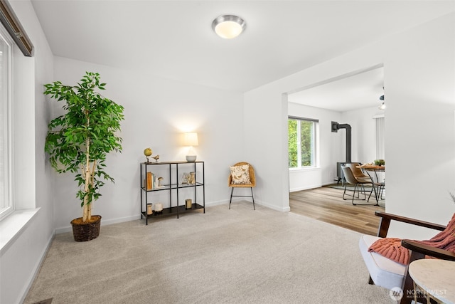 401 E Sunset Ridge Rd, Union, WA 98592 - living area featuring carpet flooring, a wood stove, and baseboards