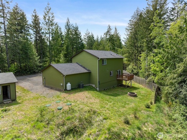 401 E Sunset Ridge Rd, Union, WA 98592 - view of side of home featuring a fire pit, a deck, central AC, and a wooded view