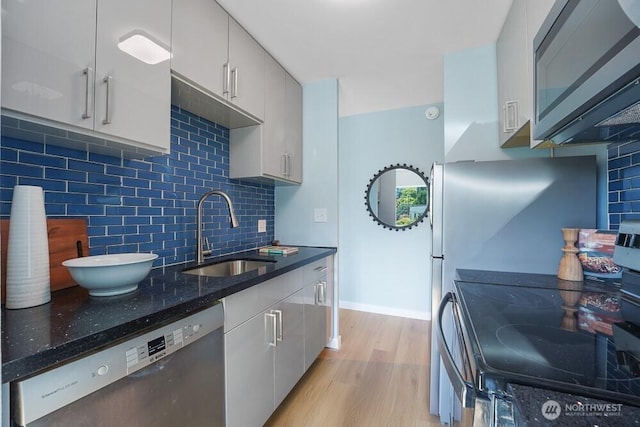 kitchen featuring appliances with stainless steel finishes, a sink, light wood-type flooring, and backsplash