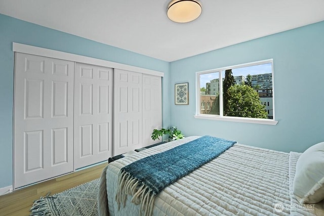 bedroom with wood finished floors and a closet