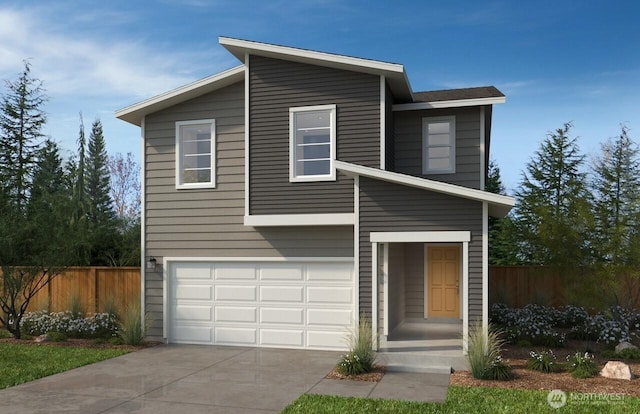 contemporary home featuring concrete driveway, fence, and a garage