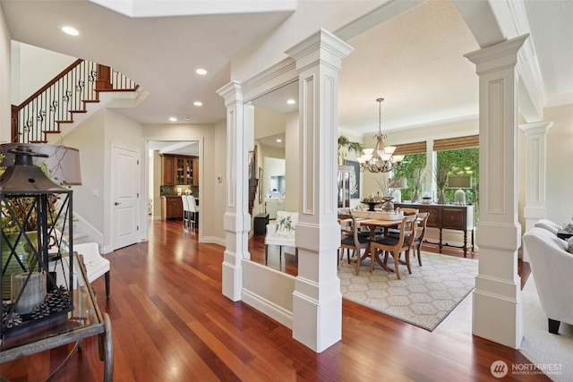 1610 NW 34th Ave, Camas, WA 98607 - foyer featuring decorative columns, dark wood finished floors, stairway, recessed lighting, and a chandelier