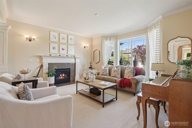 1610 NW 34th Ave, Camas, WA 98607 - living area featuring crown molding, a fireplace with flush hearth, and light carpet