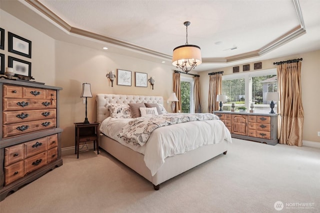 1610 NW 34th Ave, Camas, WA 98607 - bedroom with a tray ceiling, light carpet, recessed lighting, and a chandelier