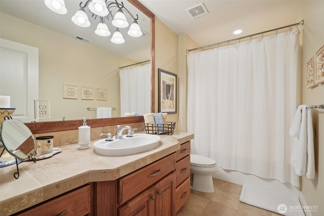 1610 NW 34th Ave, Camas, WA 98607 - bathroom with a chandelier, vanity, tile patterned flooring, and shower / bath combination with curtain