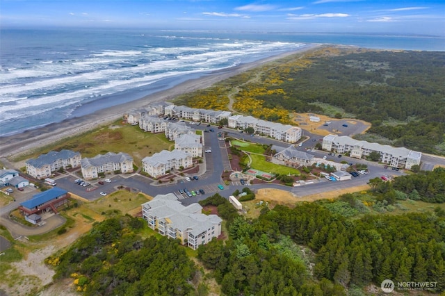 drone / aerial view featuring a water view, a beach view, and a forest view