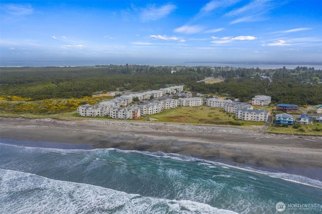 drone / aerial view with a water view, a beach view, and a wooded view