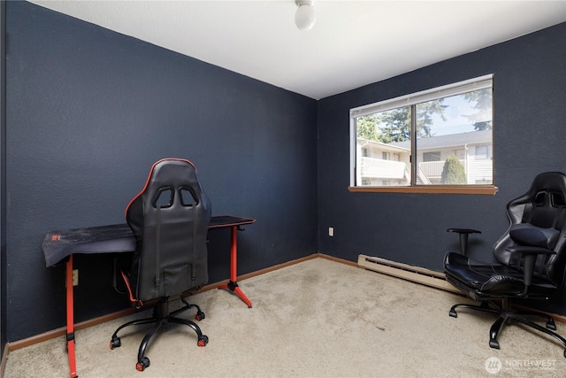 325 NE Kettle St Unit 102, Oak Harbor, WA 98277 - home office featuring baseboards, carpet, lofted ceiling, and a baseboard heating unit