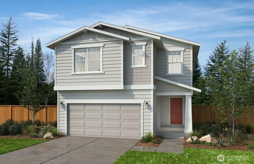 view of front facade with a garage, board and batten siding, fence, and concrete driveway