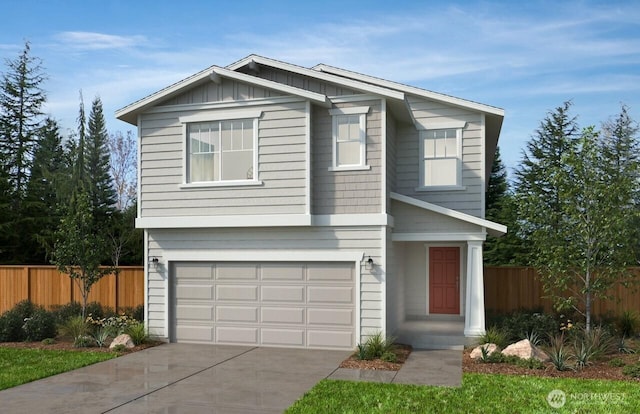 view of front facade with a garage, board and batten siding, fence, and concrete driveway