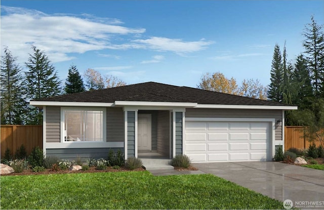 ranch-style house featuring fence, an attached garage, driveway, and a front yard