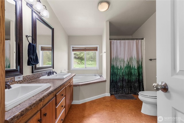 bathroom featuring toilet, a bath, double vanity, and a shower with curtain