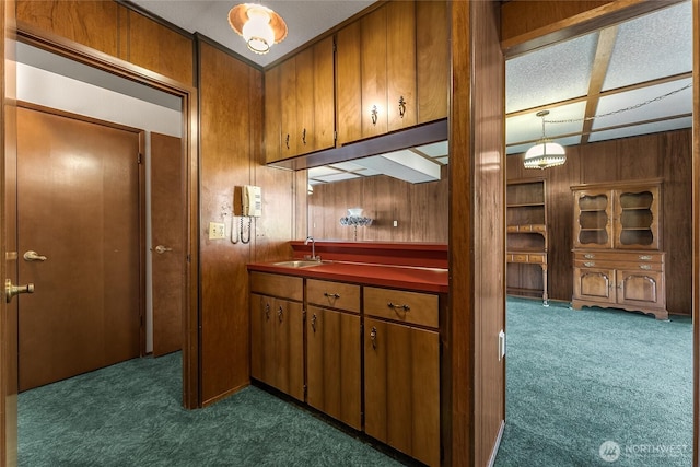 kitchen with brown cabinets, a sink, and dark colored carpet