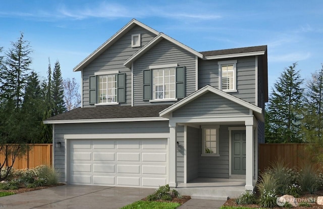 traditional home featuring fence, a shingled roof, an attached garage, covered porch, and driveway