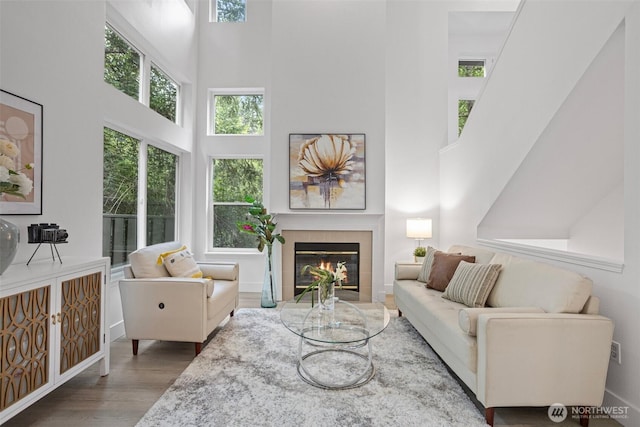 3758 257th Ave SE Unit 4-4, Issaquah, WA 98029 - living room featuring a towering ceiling, wood finished floors, plenty of natural light, and a fireplace