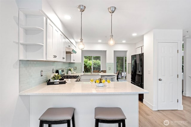 3758 257th Ave SE Unit 4-4, Issaquah, WA 98029 - kitchen featuring stainless steel appliances, a peninsula, light wood-style flooring, decorative backsplash, and open shelves