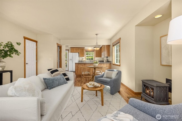 living area with light wood-style floors and a wood stove
