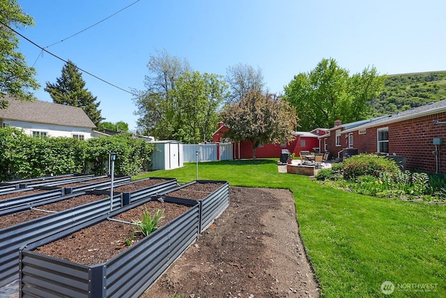 201 S Cherry St, Dayton, WA 99328 - view of yard featuring a garden, fence, an outdoor structure, a storage unit, and a patio