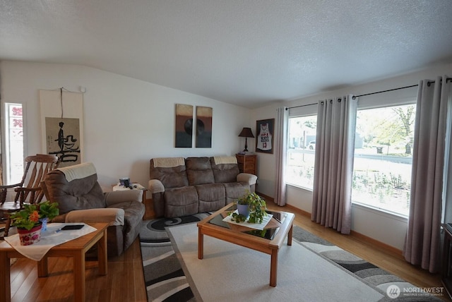 201 S Cherry St, Dayton, WA 99328 - living area featuring a textured ceiling, light wood-style flooring, a healthy amount of sunlight, and vaulted ceiling