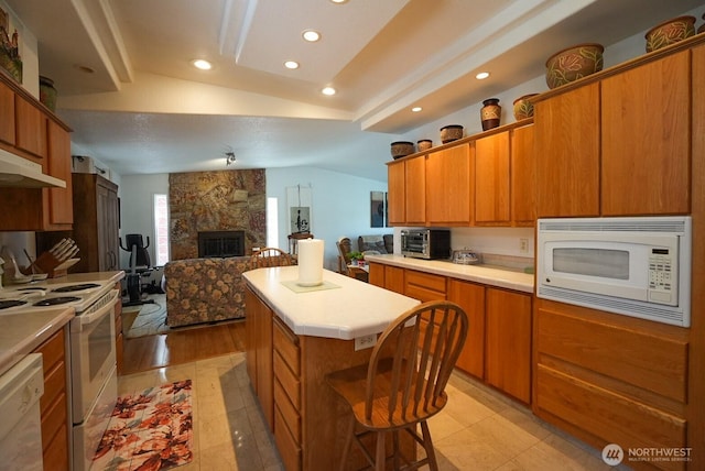 201 S Cherry St, Dayton, WA 99328 - kitchen featuring white appliances, light countertops, a large fireplace, a center island, and open floor plan