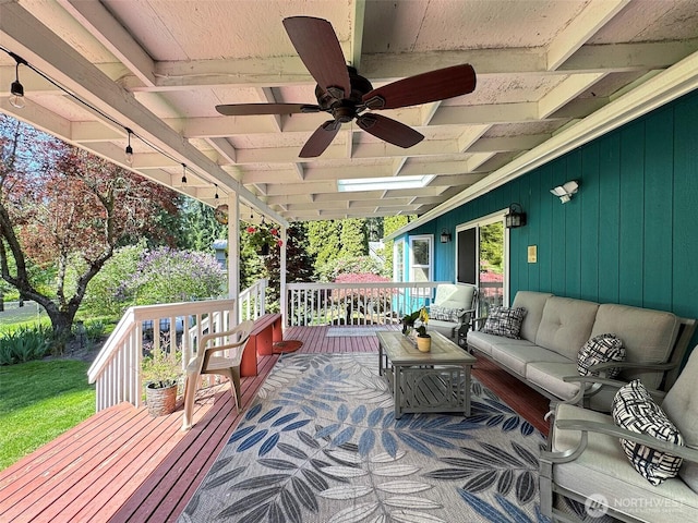 401 Dungeness Mdws, Sequim, WA 98382 - wooden terrace featuring a ceiling fan and an outdoor living space
