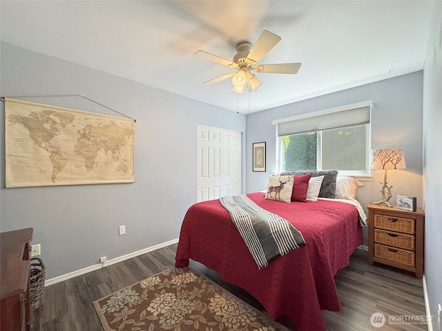 401 Dungeness Mdws, Sequim, WA 98382 - bedroom featuring wood finished floors, baseboards, a closet, and ceiling fan