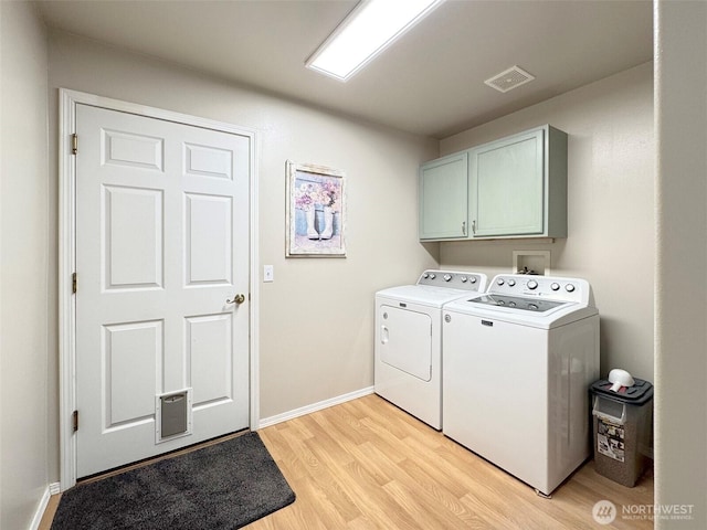 401 Dungeness Mdws, Sequim, WA 98382 - laundry room featuring cabinet space, washer and dryer, light wood finished floors, and baseboards