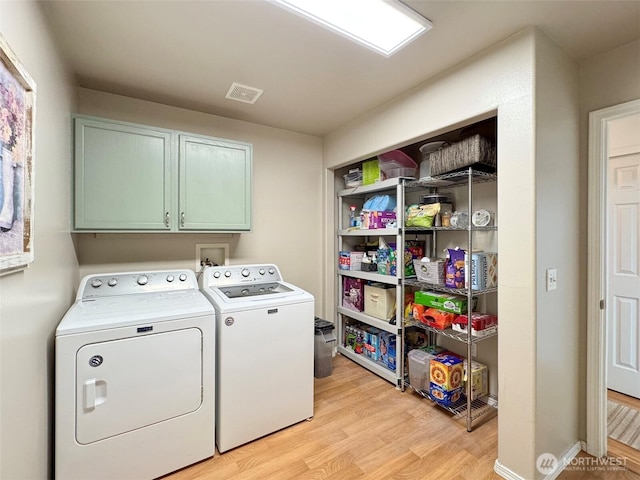 401 Dungeness Mdws, Sequim, WA 98382 - laundry area with cabinet space, separate washer and dryer, and light wood-type flooring