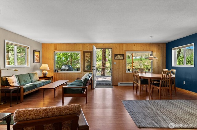 69 Ross Rd, Twisp, WA 98856 - living area with baseboard heating, wood finished floors, and wooden walls
