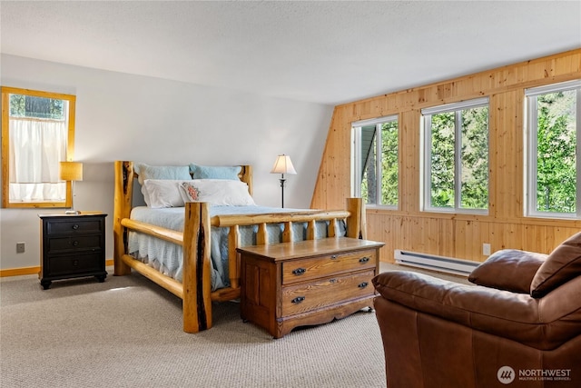 69 Ross Rd, Twisp, WA 98856 - bedroom with a baseboard heating unit, wooden walls, carpet floors, and baseboards